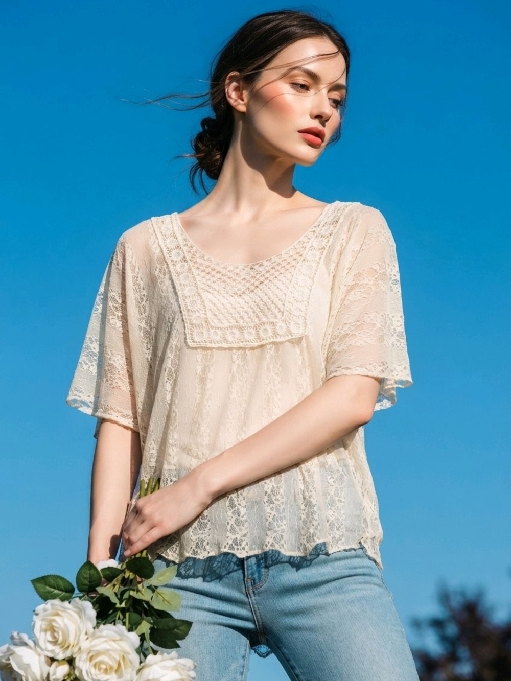 NWT Julie's Closet Lace Crochet Yoke Short Sleeve Top -Size 1X